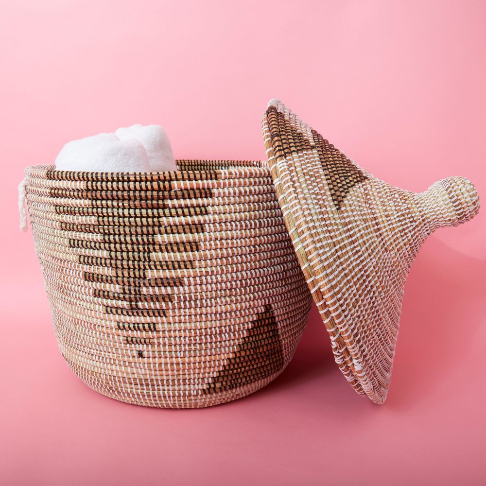 Decorative Wicker Basket with Lid & Handles, Laundry Hamper, Blanket Storage, Toy Bin, African Woven, Hood Lid, White Gray, Medium Size